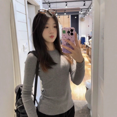 设计感一字肩翻领长袖针织衫女春秋内搭修身甜辣打底毛衣外穿上衣