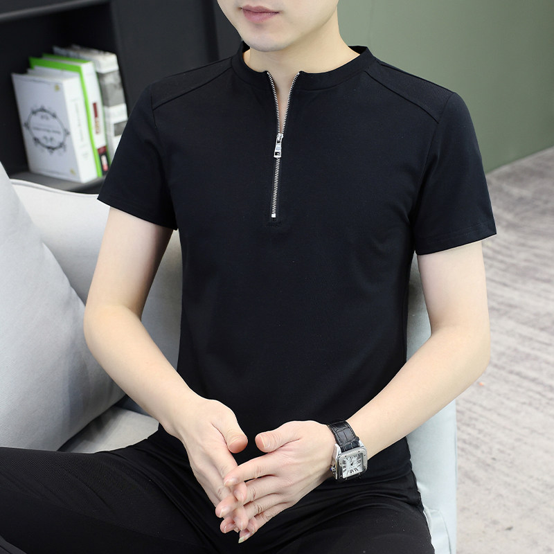 男士夏季立领拉链修身短袖T恤