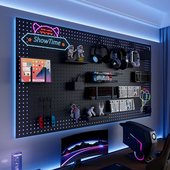 电竞房洞洞板置物架黑色墙上电脑桌墙面收纳氛围灯装 饰耳机展示架