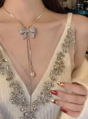 时尚甜美闪钻蝴蝶结毛衣链长款网红高级项链女吊坠气质百搭高级感