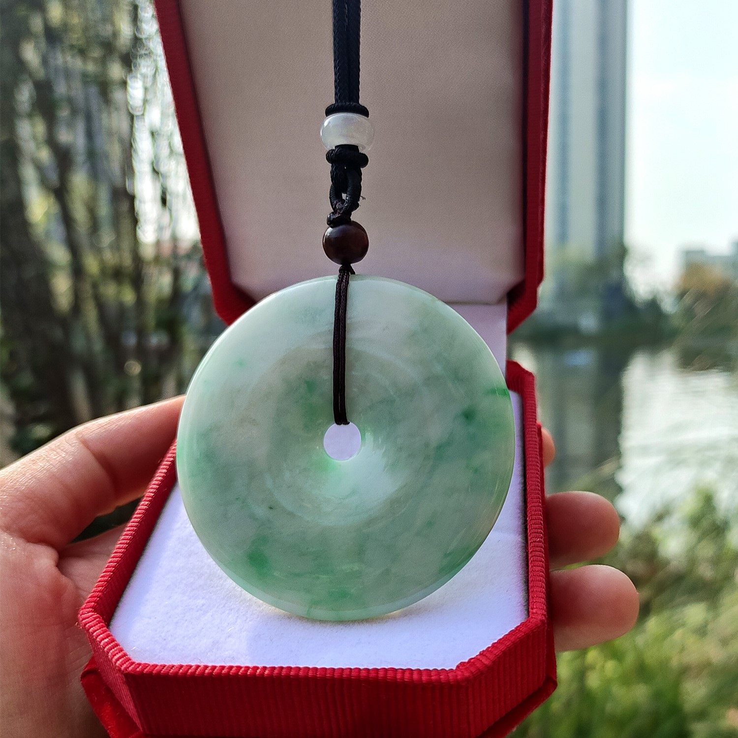 天然翡翠A平安扣吊坠淡绿色圆环挂件毛衣链男女款车挂项链毛衣链