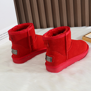 防滑保暖婚鞋 雪地靴女短筒红色2023新款 冬季 加绒棉鞋 本命年雪地棉