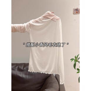 白色半高领木耳边长袖雪纺衫女百搭薄款打底衫蕾丝上衣