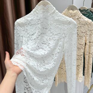 白色花边镂空蕾丝打底衫女韩版洋气秋冬修身高领提花气质内搭上衣