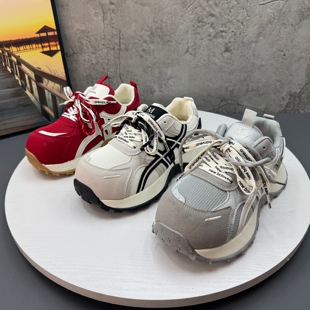 百搭网面透气增高休闲运动鞋 春季 女2026新款 小蛮腰红色厚底老爹鞋