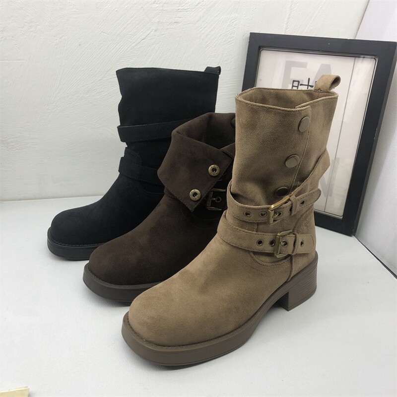 2025秋冬季新款撤柜折扣皮带扣中跟加绒时尚百搭羊绒棉靴女短靴,女鞋,马丁靴,淘宝优惠券,粉丝福利购,淘宝优惠卷