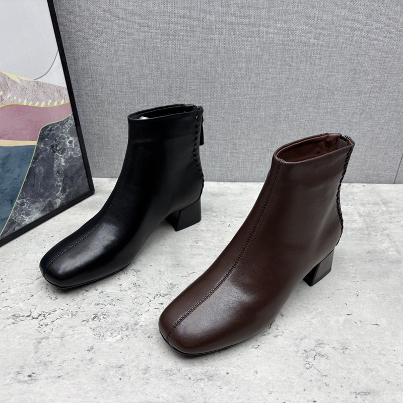 撤柜断码2025秋冬季新款真皮粗跟中跟后拉链羊皮时尚百搭女短靴