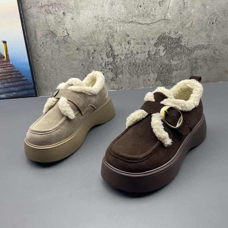 2025撤柜断码秋冬季新款女鞋厚底复古加绒保暖女棉鞋牛反绒勃肯鞋