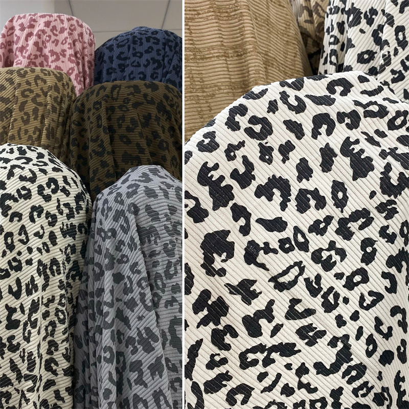 条绒豹纹印花面料童装背带裤布料