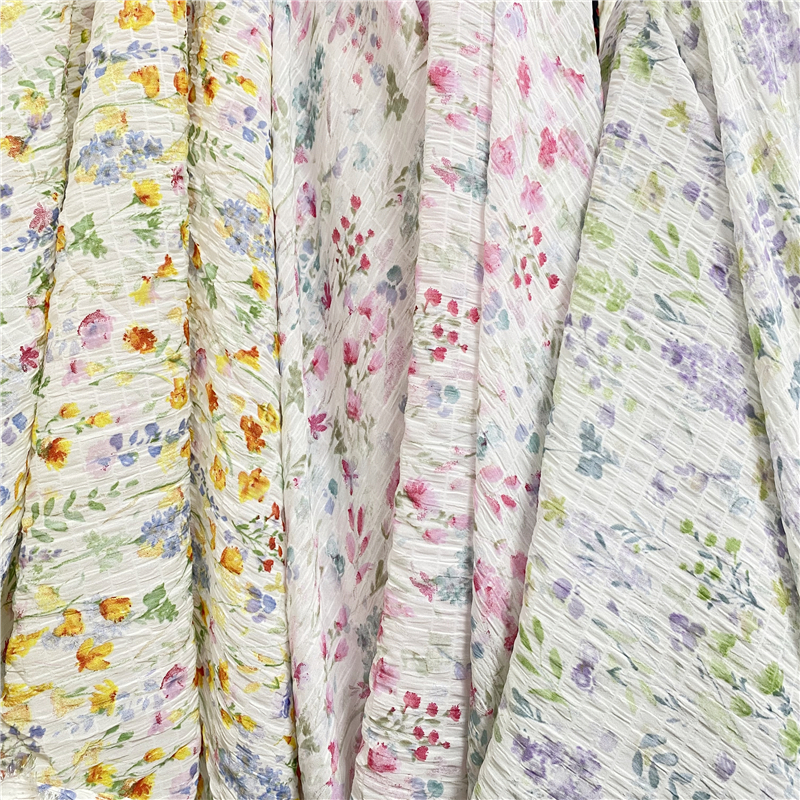 清新彩色花皱皱格面料夏女衣服衬衫连衣裙半身裙发圈饰品服装布料