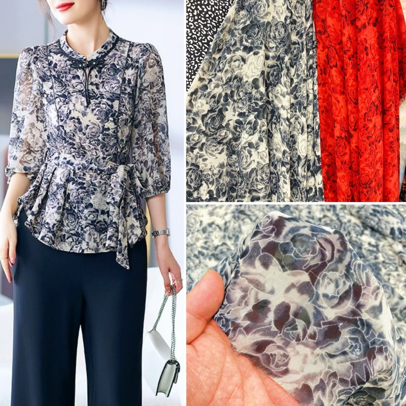 热销玫瑰花雪纺珠高档服装布料做衣服夏季女衬衫裙子柔软微透面料