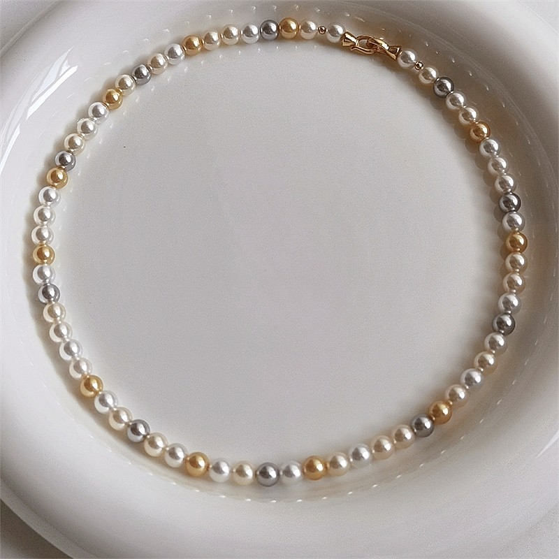 RUK高定糖果色混彩水晶珍珠项链澳白枯玫瑰轻奢人造正圆极光珠链