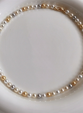 RUK高定糖果色混彩水晶珍珠项链澳白枯玫瑰轻奢人造正圆极光珠链