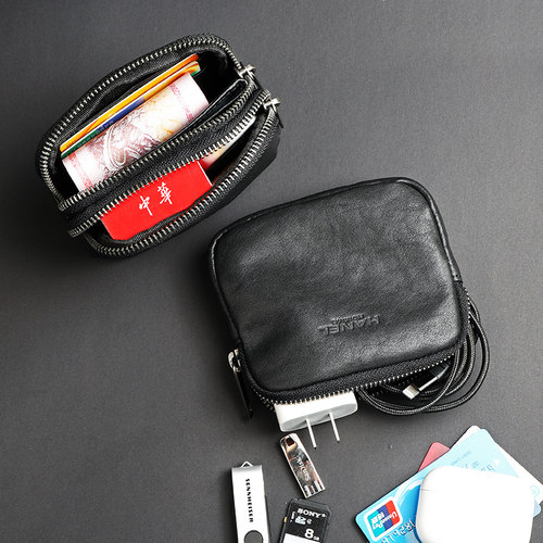 真皮双拉链收纳包短款钱包当腰包