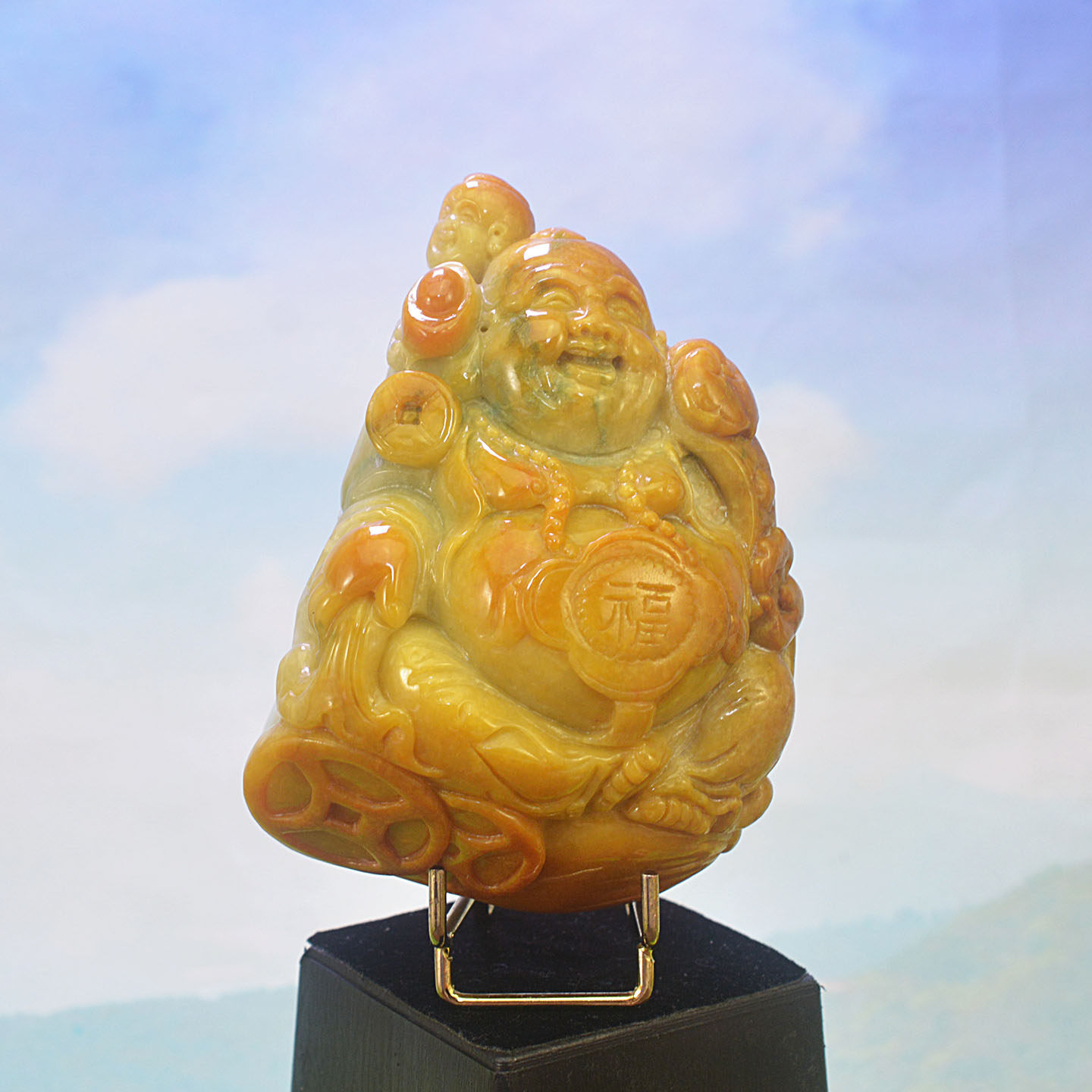 天然缅甸翡翠雕刻如意弥勒佛摆件家居玄关送福金童招财童子戏笑佛