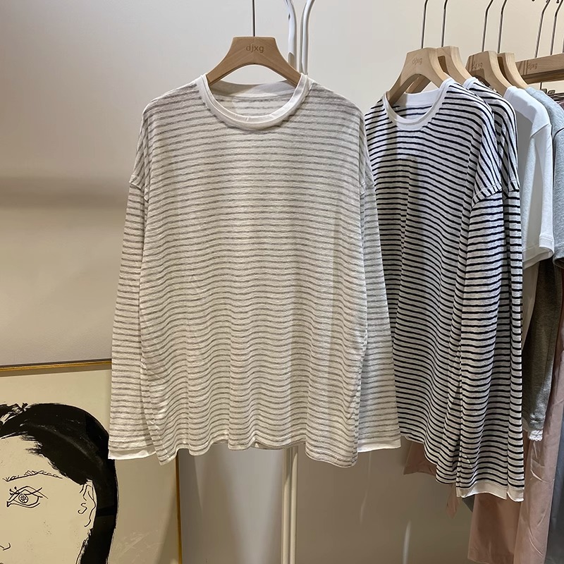 特大码软糯风条纹长袖防晒罩衫女上衣夏季新款宽松显瘦胖mmT恤衫