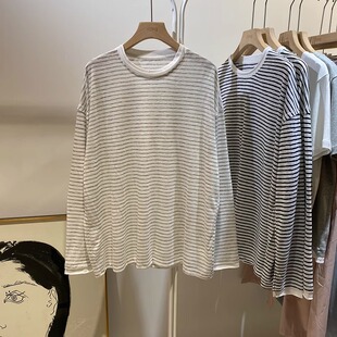 特大码软糯风条纹长袖防晒罩衫女上衣夏季新款宽松显瘦胖mmT恤衫