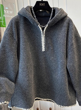 胖mm240斤大码别致花边半拉链连帽加绒卫衣女宽松磨毛保暖上衣冬