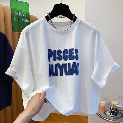 韩版字母印花t恤女短袖2025新款宽松显瘦休闲减龄短款小个子上衣