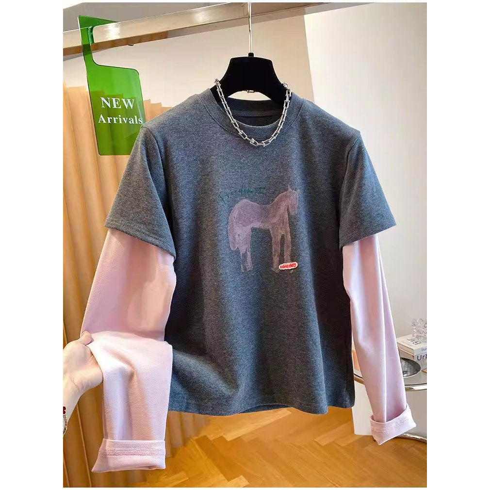 灰粉假两件小马长袖T恤女2026新款春季大码胖mm显瘦独特漂亮上衣,女装/女士精品,T恤,淘宝优惠券,粉丝福利购,淘宝优惠卷