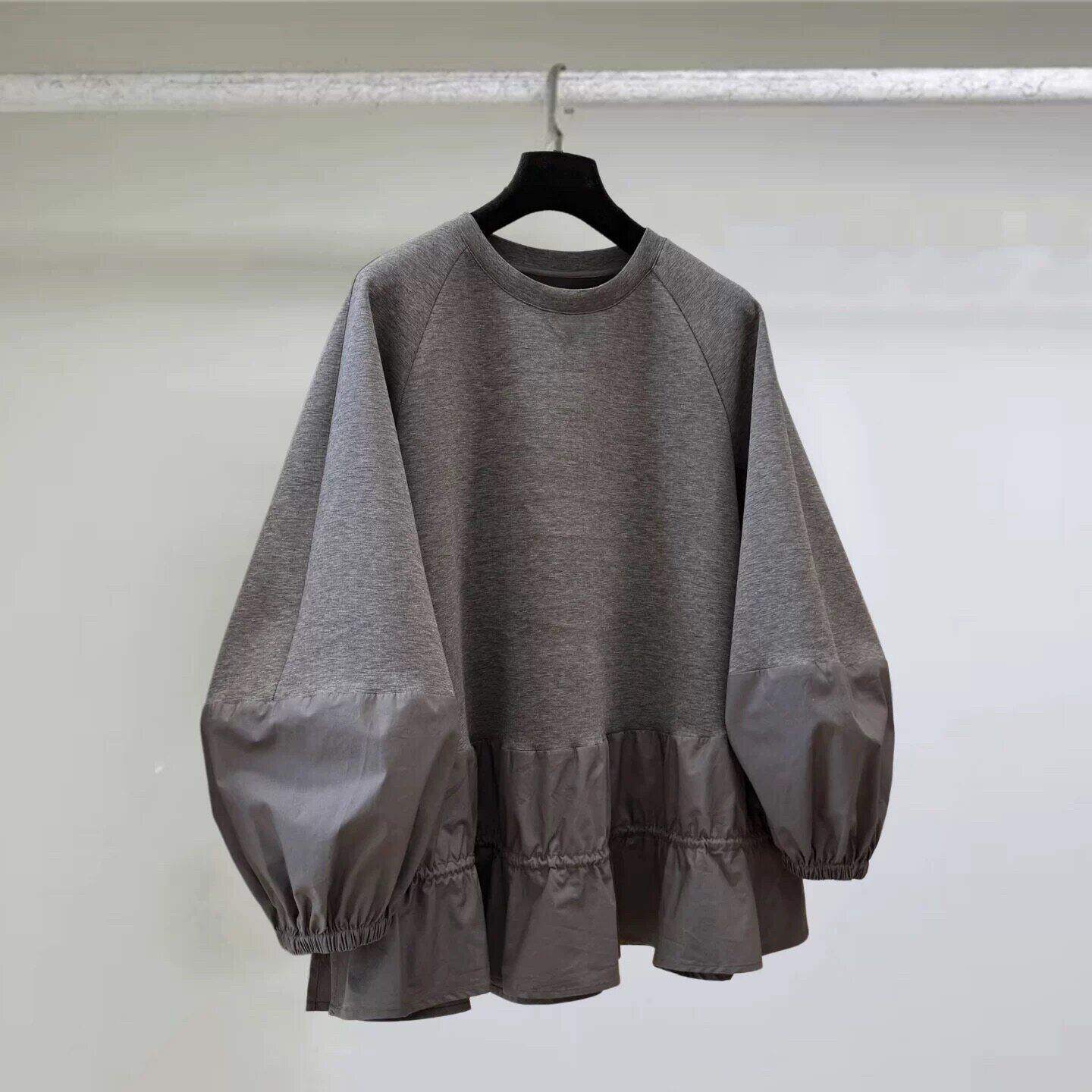 韩系宽松圆领卫衣女拼接荷叶边长袖宽松显瘦独特漂亮巨好看上衣春