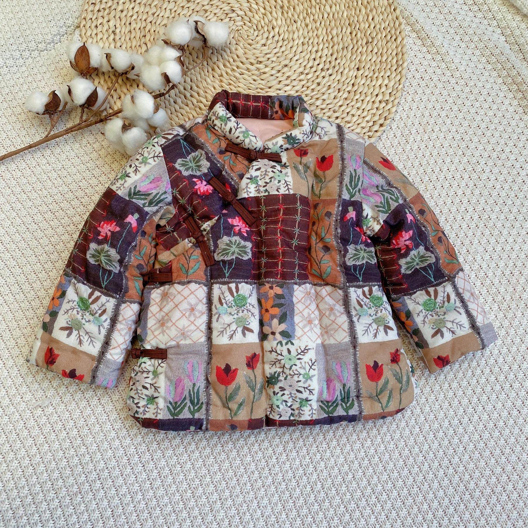 2025冬季新款 女童纯棉花纯手工棉衣 复古盘扣加厚棉袄上衣中国风