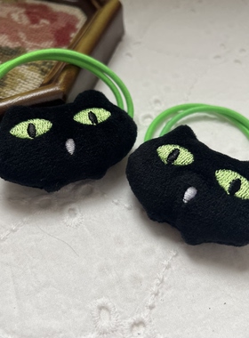 外贸绿眼睛刺绣黑色小猫咪可爱毛绒卡通发圈一对发绳头绳皮筋发饰