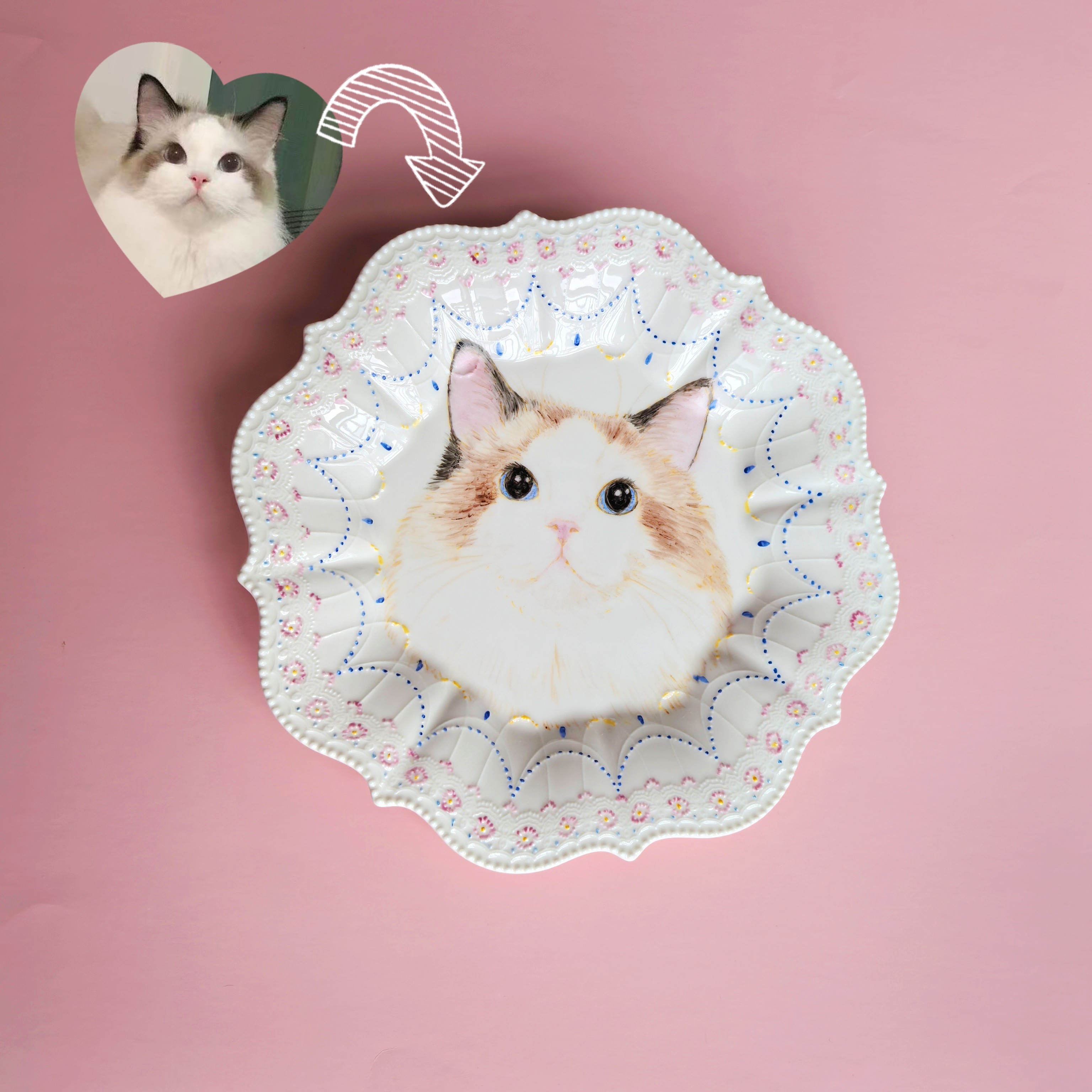 私人定制手绘可爱卡通照片宝宝宠物猫狗陶瓷食盆饭碗水盘赏盘