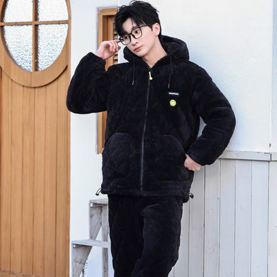 多拉美 冬加厚男士连帽拉链暖阳绒夹棉保暖外穿睡衣家居服2452173