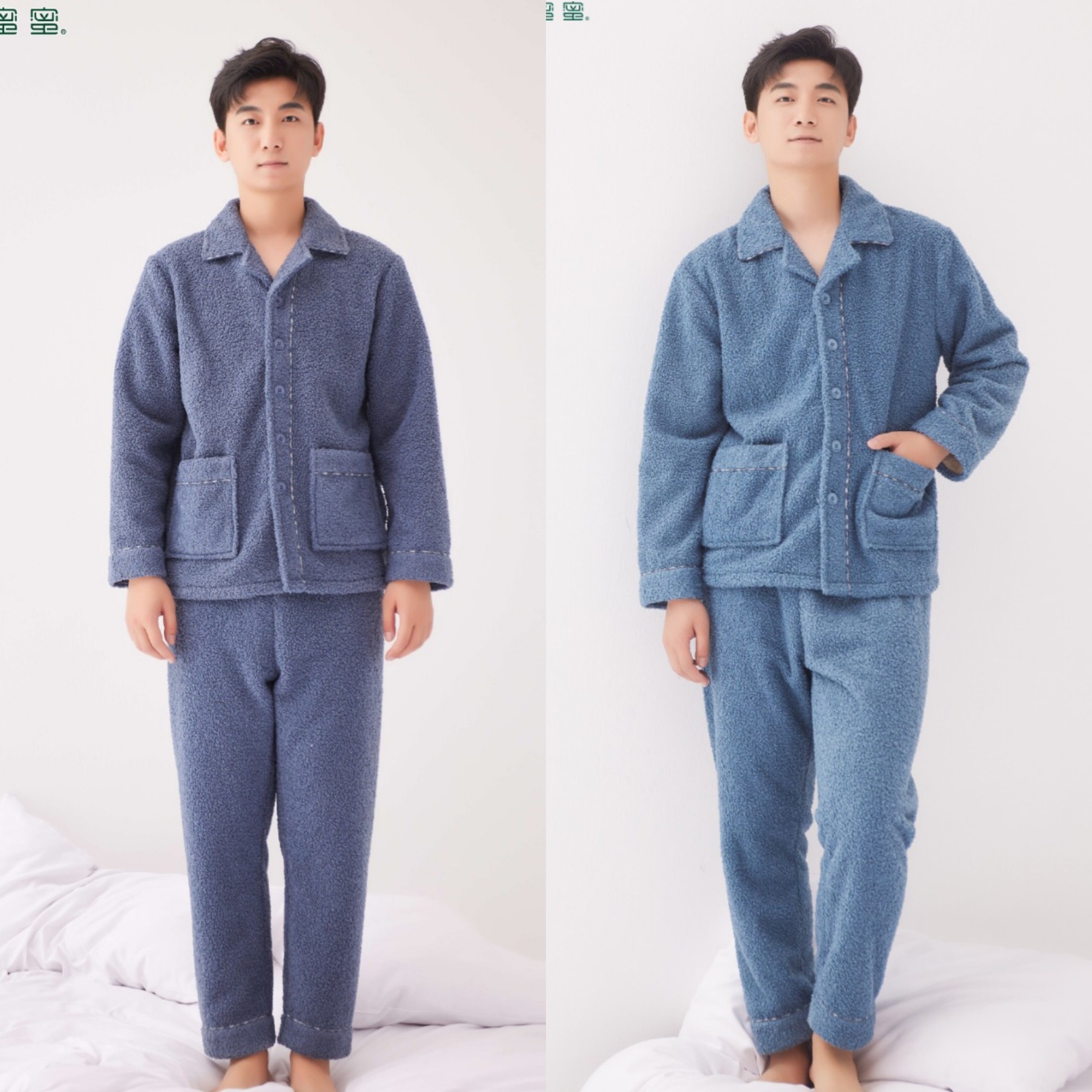 韩蜜蜜冬款 男士翻领对襟泰迪绒加厚简约帅气睡衣家居服H223638