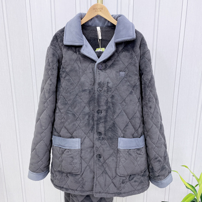 专柜高货多拉美冬男士翻领晶粒绒夹棉加厚加绒睡衣家居服套52324