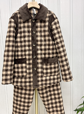 韩蜜蜜冬款男士梭织棉格子翻领加厚加绒夹棉睡衣家居服套装702645