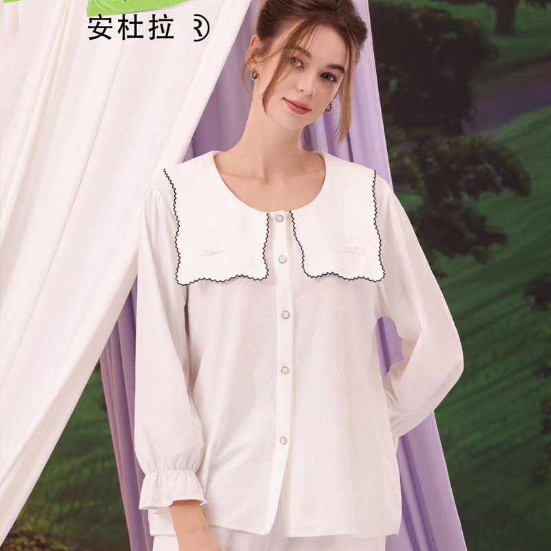 2024安杜拉 春季新款女士长袖柔软开扣睡衣甜美棉爱心提花套40113
