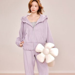 安杜拉2025 女士秋季休闲连帽外穿可爱澳毛绒家居服睡衣套装54405