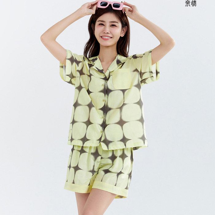 特价亲情夏季女翻领薄款纳米全棉开衫时尚短袖短裤家居服睡衣套装