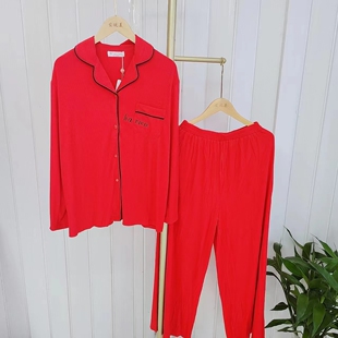 韩蜜蜜 女士春季长翻领薄款大红喜庆棉简约时尚家居服睡衣套70065