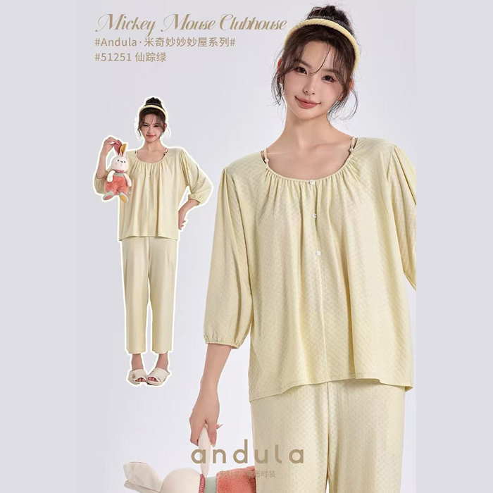 2025安杜拉 女士春季七分袖圆领套头薄款九分裤家居服睡衣套51251