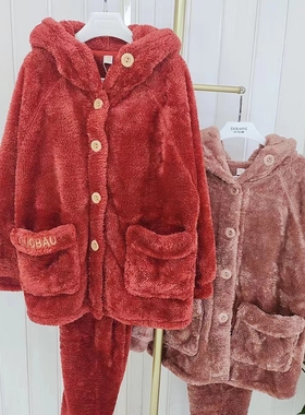 多拉美女士春秋长袖连帽 珊瑚绒对襟加厚简约家居服睡衣套装43143