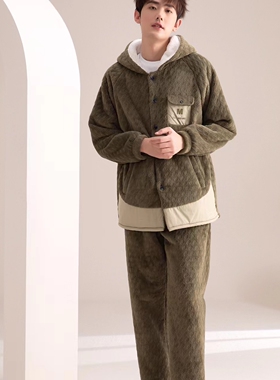 安杜拉男士秋冬 加厚加绒立领法兰绒拼接连帽睡衣家居服套34722