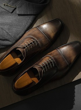 A.N.M.bullock 头层牛皮三接头男式正装商务手工圆头系带真皮皮鞋