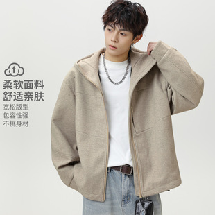 男士毛呢连帽外套潮牌高领帽衫宽松秋冬新款纯色开衫卫衣