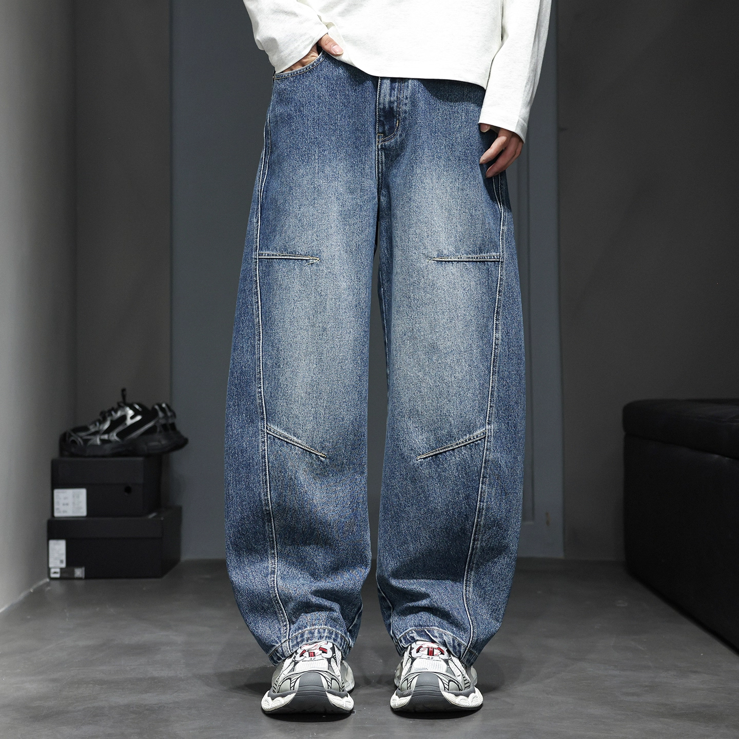 WOODSOON弯刀牛仔裤潮流宽松休闲秋冬新款男士痞帅时尚百搭阔腿裤