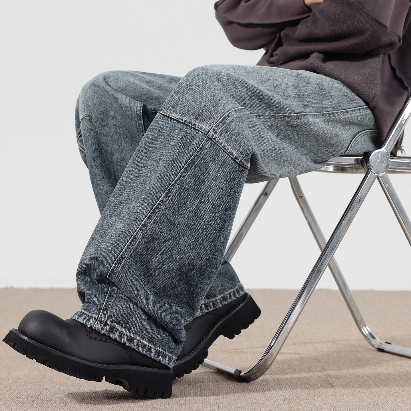 WOODSOON宽松复古立体弯刀牛仔裤秋冬季男士休闲美式潮流阔腿裤子