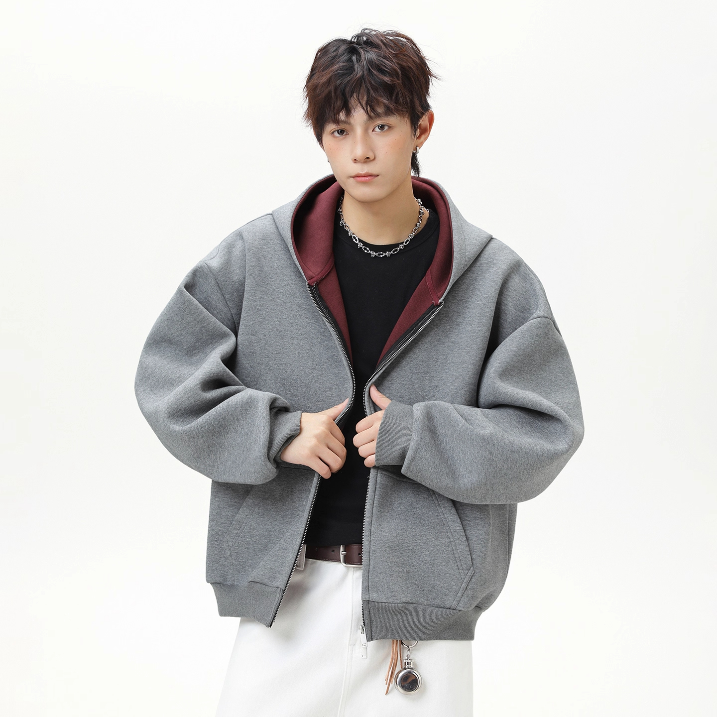 WOODSOON连帽开衫卫衣外套男士撞色内搭秋冬新款潮流百搭宽松帽衫