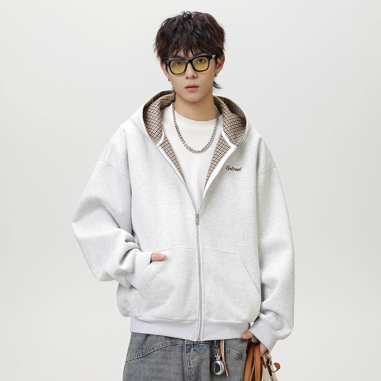 WOODSOON潮牌连帽开衫卫衣千鸟格帽衫宽松休闲秋冬季新款男士外套