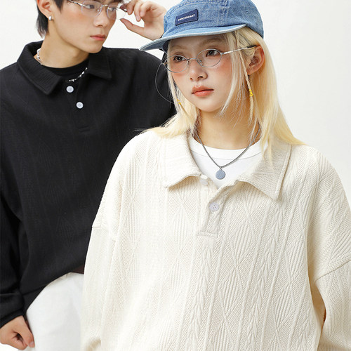 秋冬新款卫衣肌理针织提花Polo衫宽松休闲男士潮流打底衫