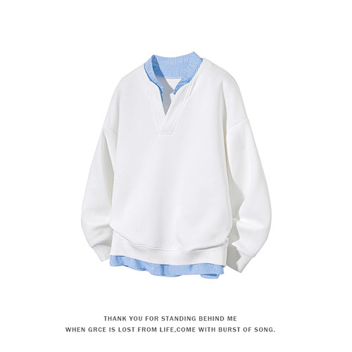 男士V领假两件卫衣秋冬季新款潮流百搭宽松休闲长袖上衣