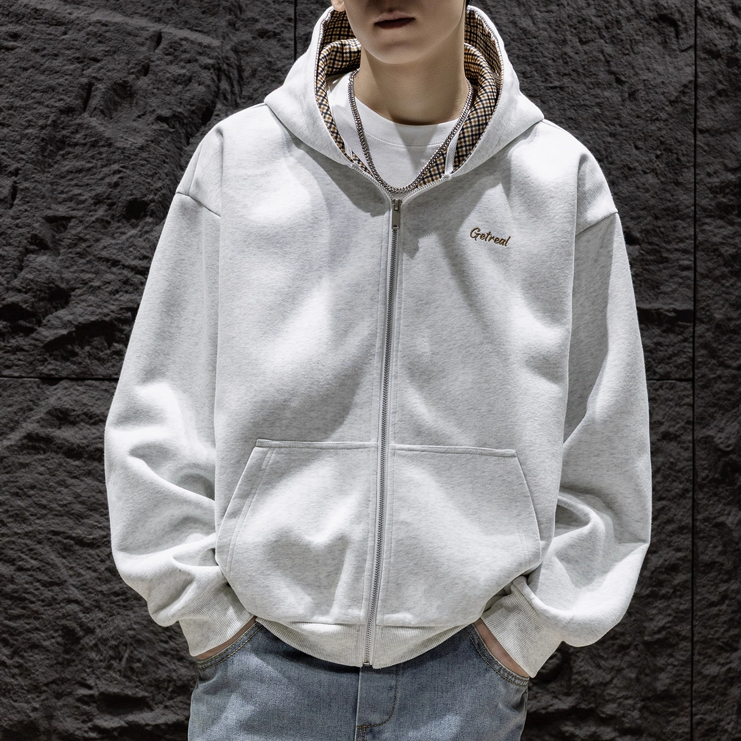 WOODSOON男士连帽开衫卫衣秋冬季新款宽松休闲外套潮牌千鸟格帽衫