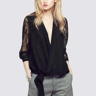 宽松深v镂空长袖衬衫女新款欧美性感衬衣拼接网纱上衣