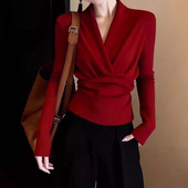 新款 红色V领针织打底衫 女加厚可外穿新年上衣女